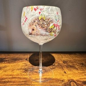 Decoupaged Christmas Hedgehog Wine Glass